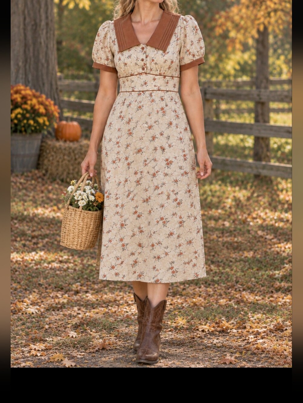 Retro Chic Vintage Look Cream Floral Midi Dress with Rust Trim